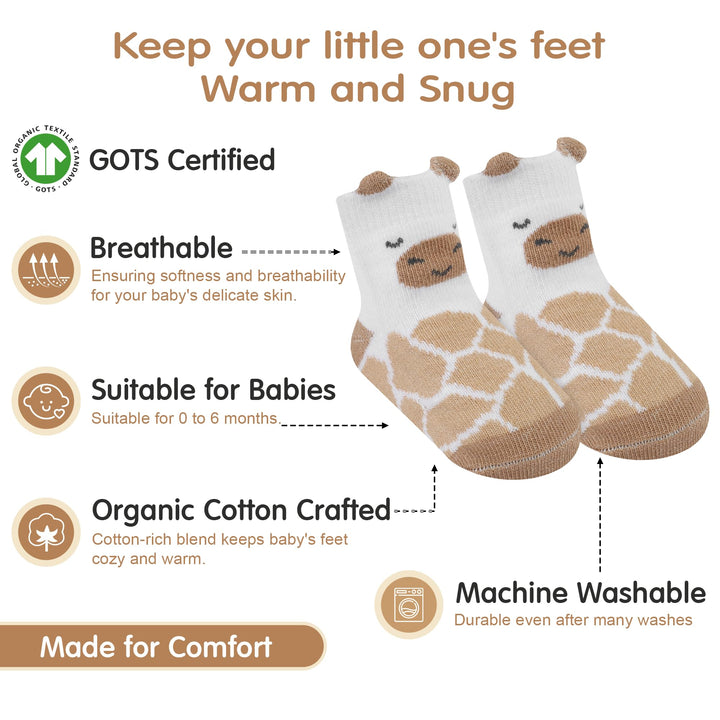 Organic Cotton GOTS Certified Non-Slip Baby Socks 0-6 Months - 7 Pairs Soft Breathable Newborn Socks Animal Design For Infant