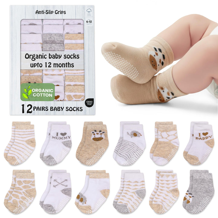 Mother's Choice Organic Cotton Baby Socks 6-12 Months, 12 Pairs Unisex Anti Slip - Soft & Hypoallergenic Baby Girl & Boys Socks (US, Age, 6 Months, 12 Months, Brown)