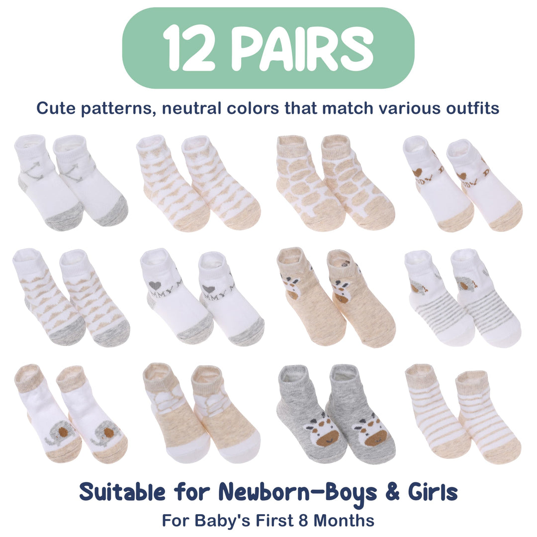 Mother's Choice Organic Cotton Baby Socks, 12 Pairs, Unisex 0-6 Months - Soft, Hypoallergenic Newborn & Infant Socks - Baby Girl & Boy Gifts