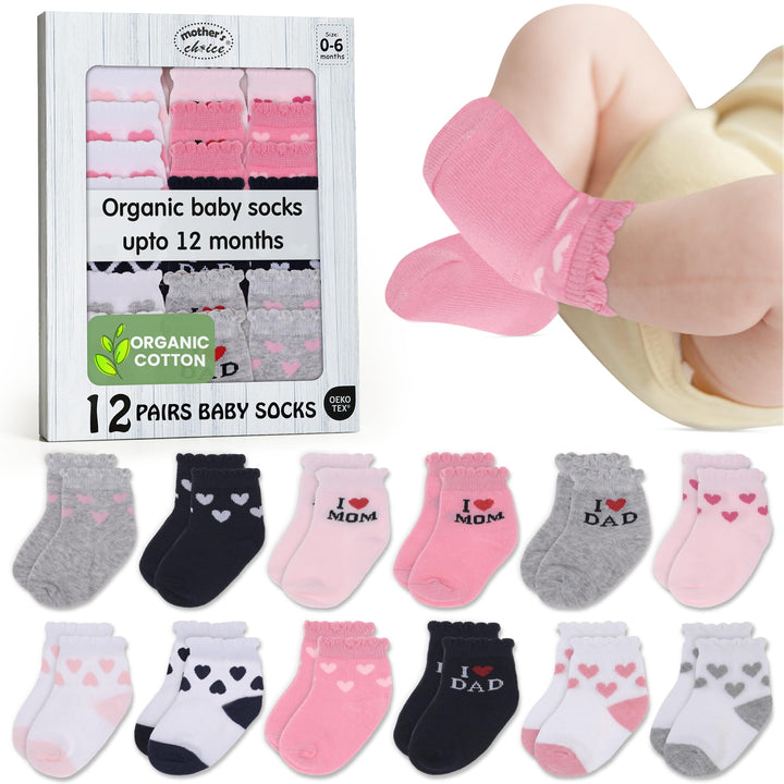 Mother's Choice Organic Cotton Baby Socks Infant 0-6 Months - 12 pairs Soft, Cozy, and Gentle Newborn Socks for Girls & Boys, Perfect Baby Registry for Everyday Wear, and Infant Comfort