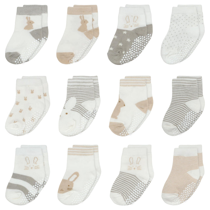 Mother's Choice Organic Cotton Baby Socks 6-12 Months, 12 Pairs Anti Slip Unisex - Soft & Hypoallergenic Baby Girl & Boys Socks (US, Age, 6 Months, 12 Months, Brown,Gray,White)