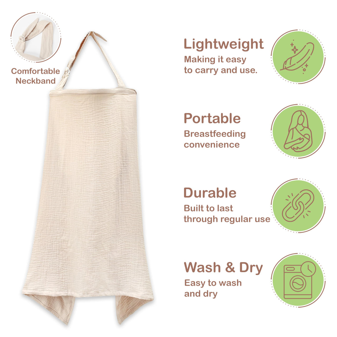 100% Organic Cotton Nursing Cover & Shawl - 43 x 28 Inch Breathable Muslin Breastfeeding Nursing Apron Cover with Arch Neckline for Mothers, Multi-use Carseat Canopy