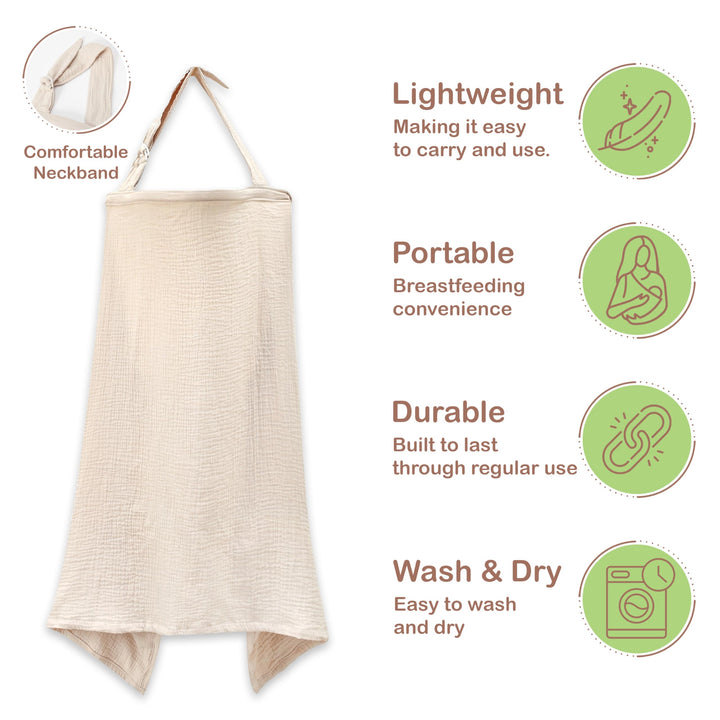 100% Organic Cotton Nursing Cover & Shawl - 43 x 28 Inch Breathable Muslin Breastfeeding Nursing Apron Cover with Arch Neckline for Mothers, Multi-use Carseat Canopy