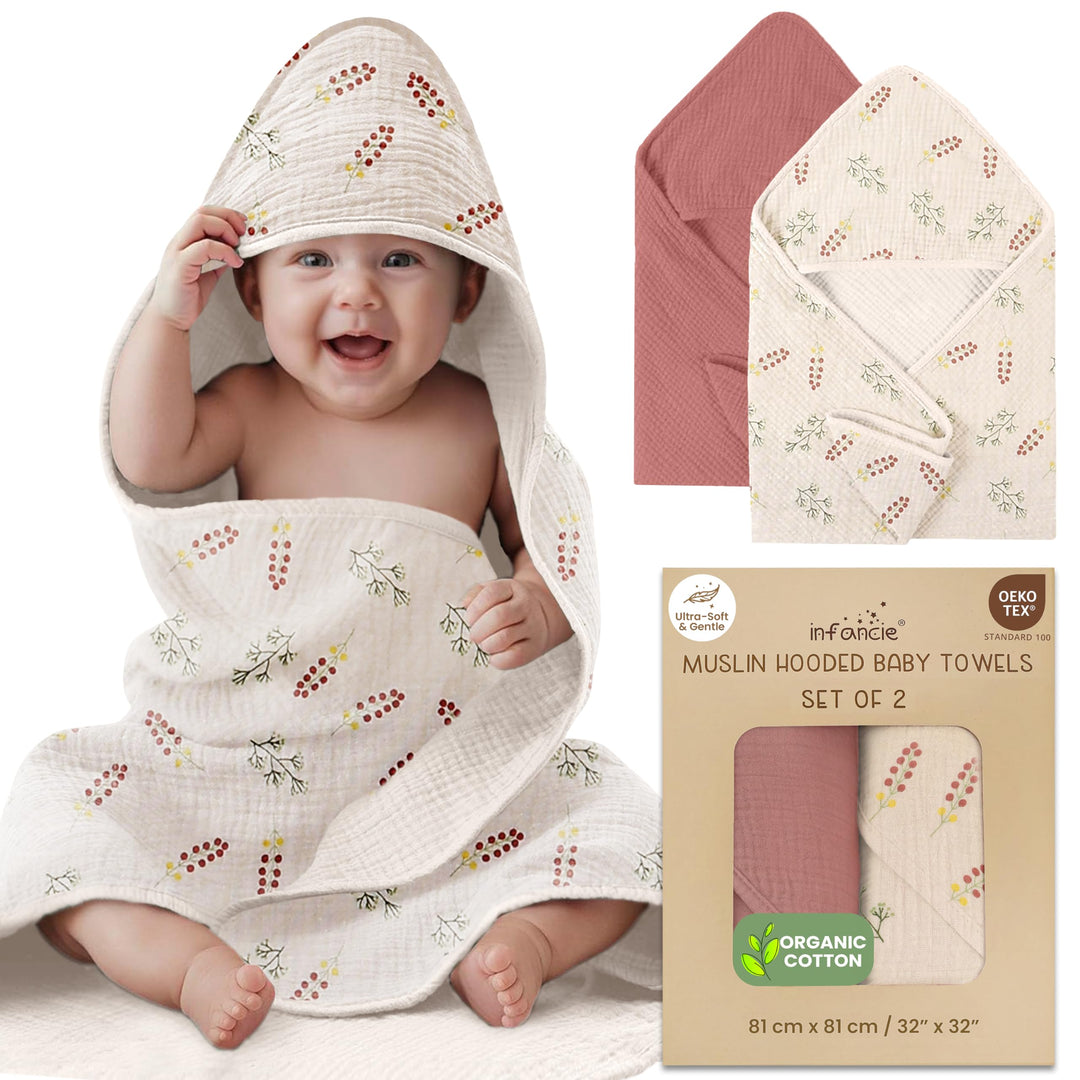 Infancie Organic Cotton Muslin Baby Hooded Towels