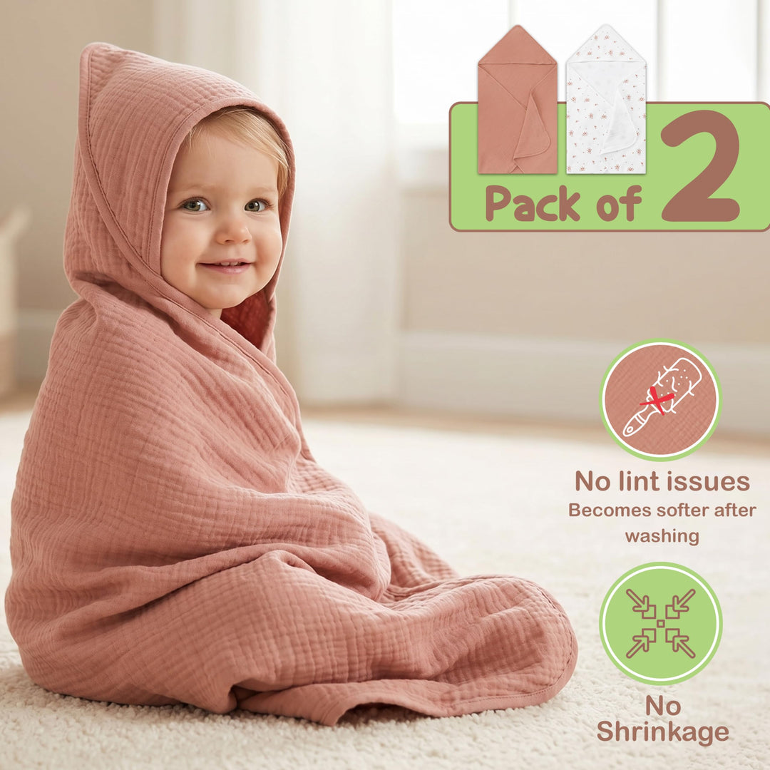 100% Organic Cotton Muslin Baby Hooded Towels 32x32 Inch – 2 Pack Soft & Absorbent Baby Towels for Newborn for Boys & Girls, Premium Hooded Towels, Ultra-Gentle Baby Essentials in Rose/Peach