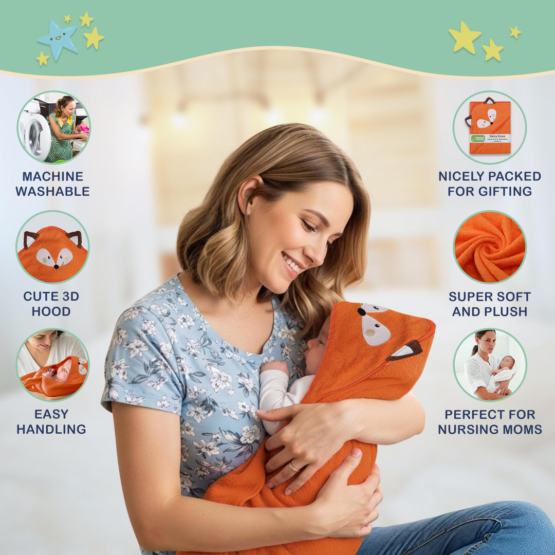 Mother's Choice Organic Baby Hooded Towel Ultra Soft & Absorbent Bath Wearable for Newborns, Infants, 3D Orange Fox Design