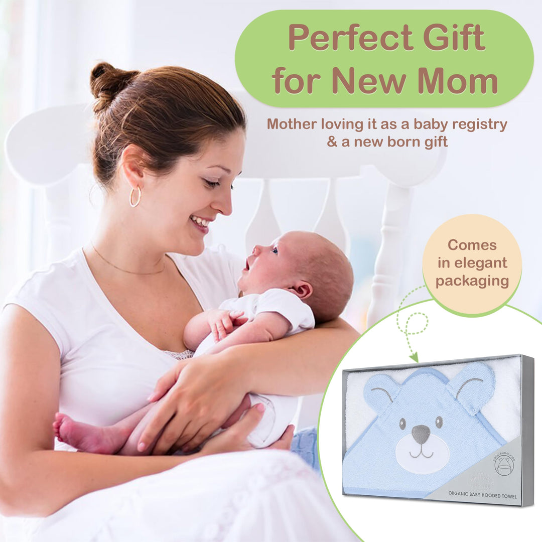 Mother's Choice Organic Baby Hooded Towel - Large Size, Cotton, Ultra-Soft & Absorbent Bath Towel for Newborns, Infants, Toddlers, Boys & Girls with Animal Hood (Blue Bear)