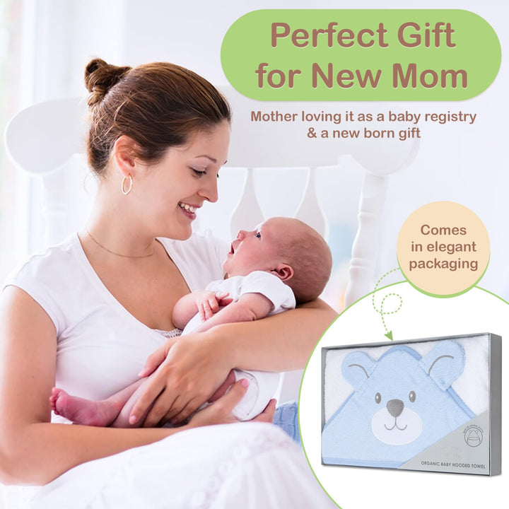 Mother's Choice Organic Baby Hooded Towel - Large Size, Cotton, Ultra-Soft & Absorbent Bath Towel for Newborns, Infants, Toddlers, Boys & Girls with Animal Hood (Blue Bear)