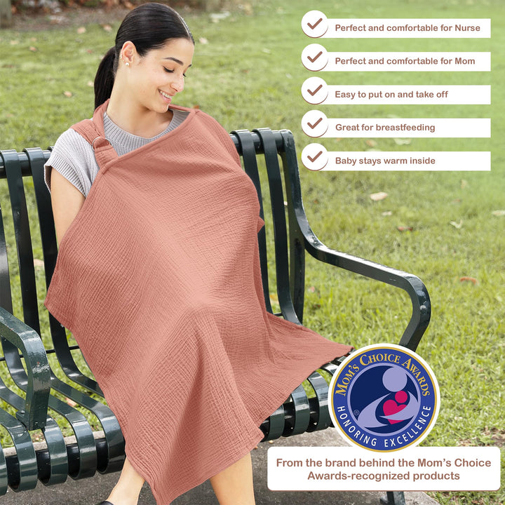 100% Organic Cotton Nursing Cover & Shawl - 43 x 28 Inch Breathable Muslin Breastfeeding Nursing Apron Cover with Arch Neckline for Mothers, Multi-use Carseat Canopy