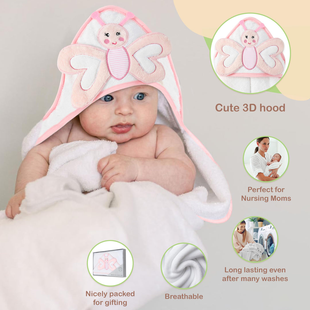 Mother's Choice Baby Towels 100% Organic Cotton Butterfly Hooded Design, Oeko-TEX Certified, Ultra-Soft Absorbent Hooded Bath Towel for Newborn Girls, (Butterfly)