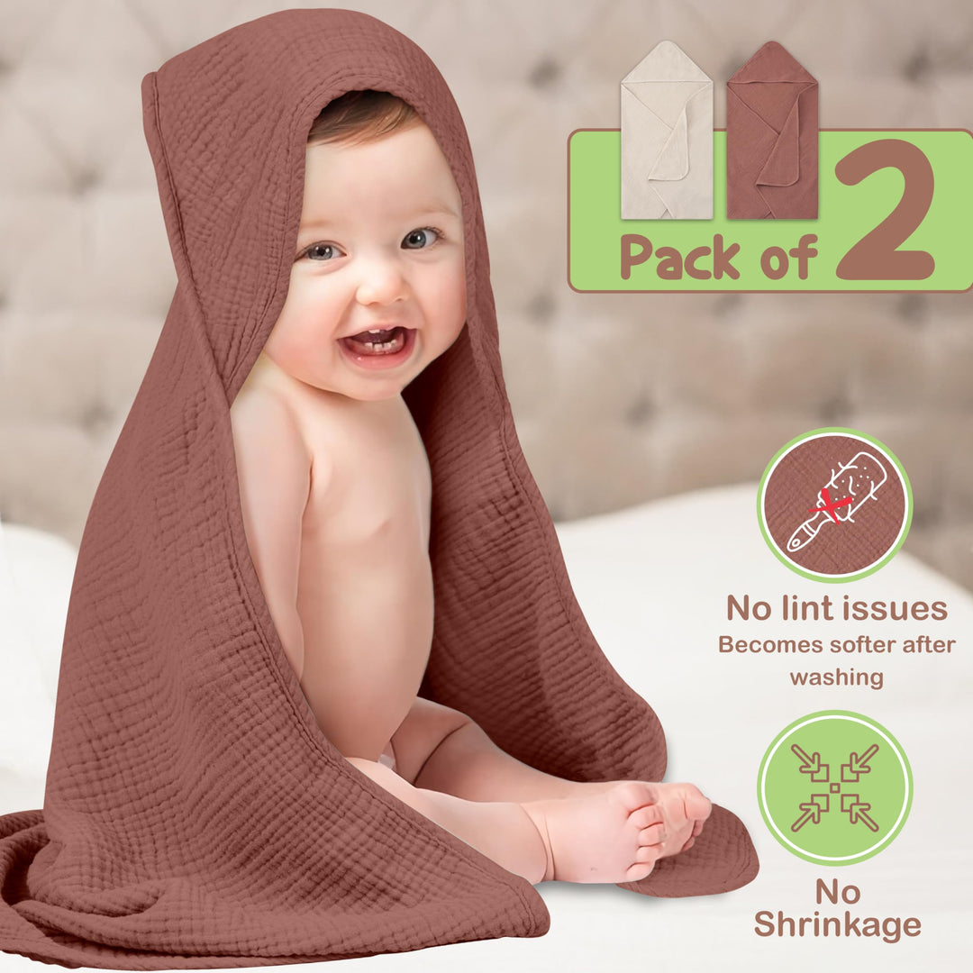 100% Organic Cotton Muslin Baby Hooded Towels 32x32 Inch – 2 Pack Soft & Absorbent Baby Towels for Newborn for Boys & Girls, Premium Hooded Towels, Ultra-Gentle Baby Essentials in Rose/Peach