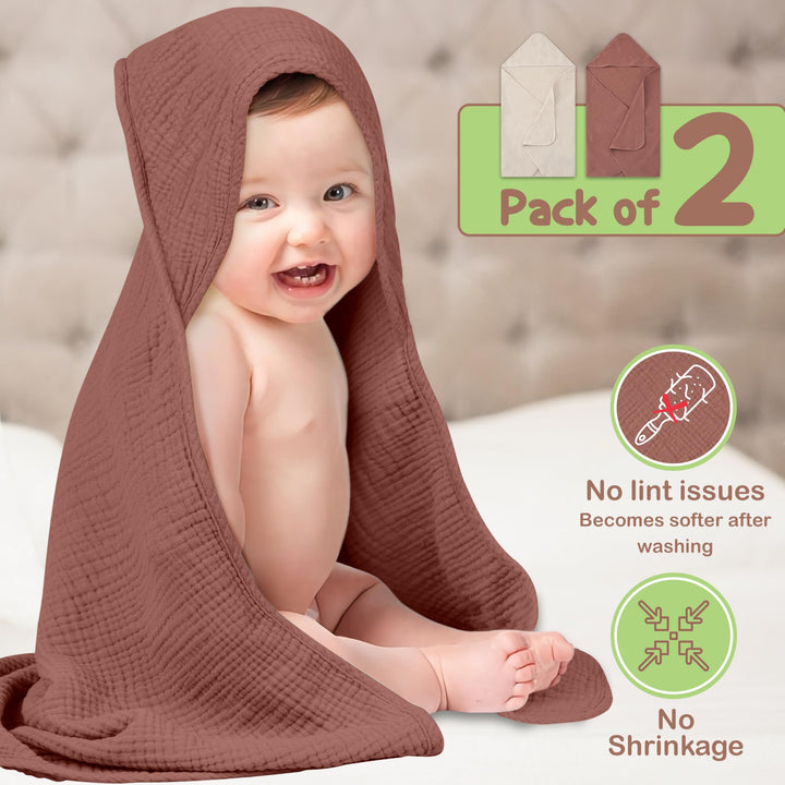 100% Organic Cotton Muslin Baby Hooded Towels 32x32 Inch – 2 Pack Soft & Absorbent Baby Towels for Newborn for Boys & Girls, Premium Hooded Towels, Ultra-Gentle Baby Essentials in Rose/Peach