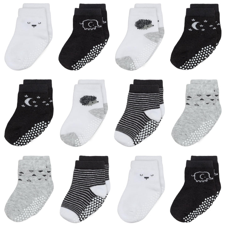Mother's Choice Organic Cotton Baby Socks 6-12 Months, 12 Pairs Unisex Anti Slip - Soft & Hypoallergenic Baby Girl & Boys Socks (US, Age, 6 Months, 12 Months, Black - White - Gray 12 Pair)