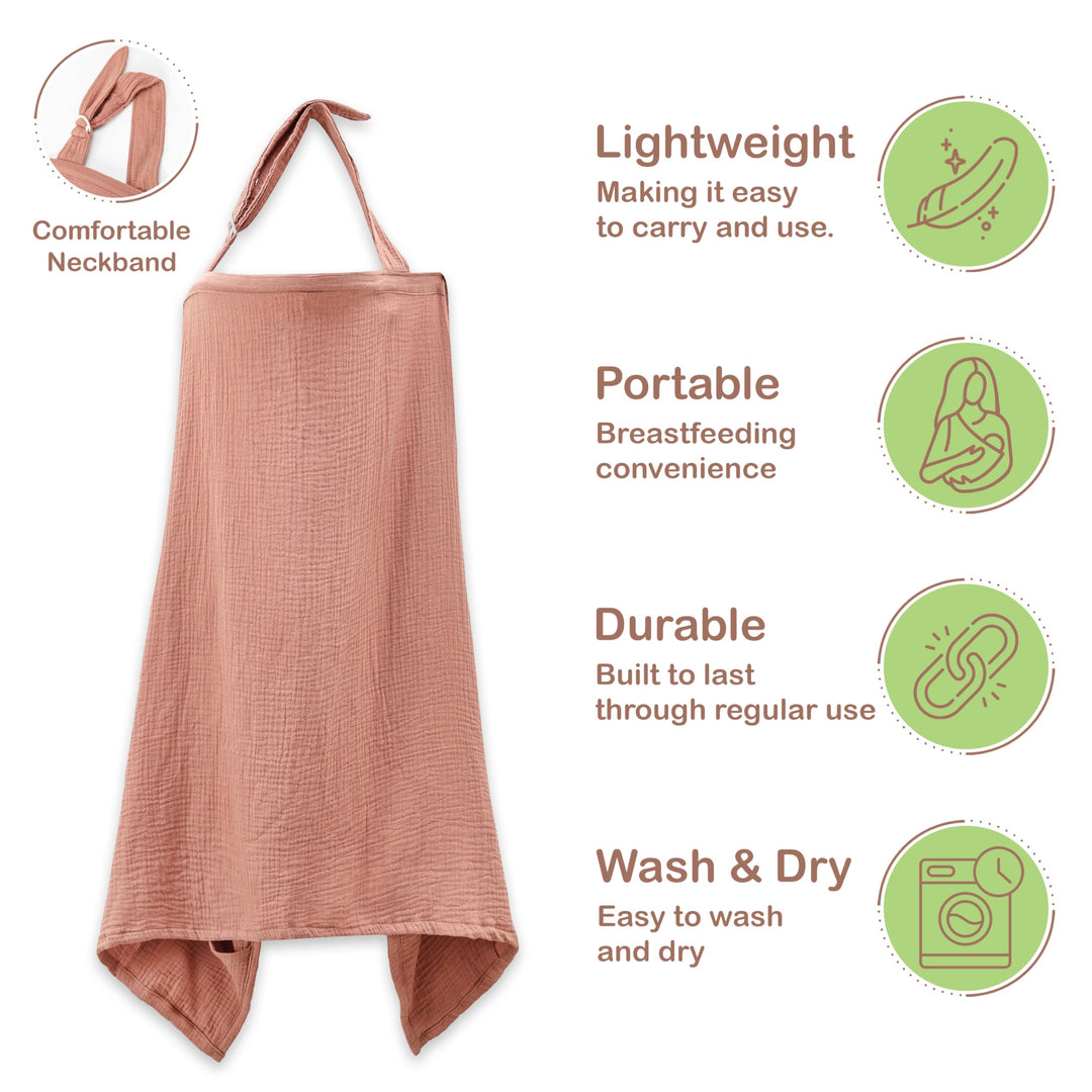 100% Organic Cotton Nursing Cover & Shawl - 43 x 28 Inch Breathable Muslin Breastfeeding Nursing Apron Cover with Arch Neckline for Mothers, Multi-use Carseat Canopy