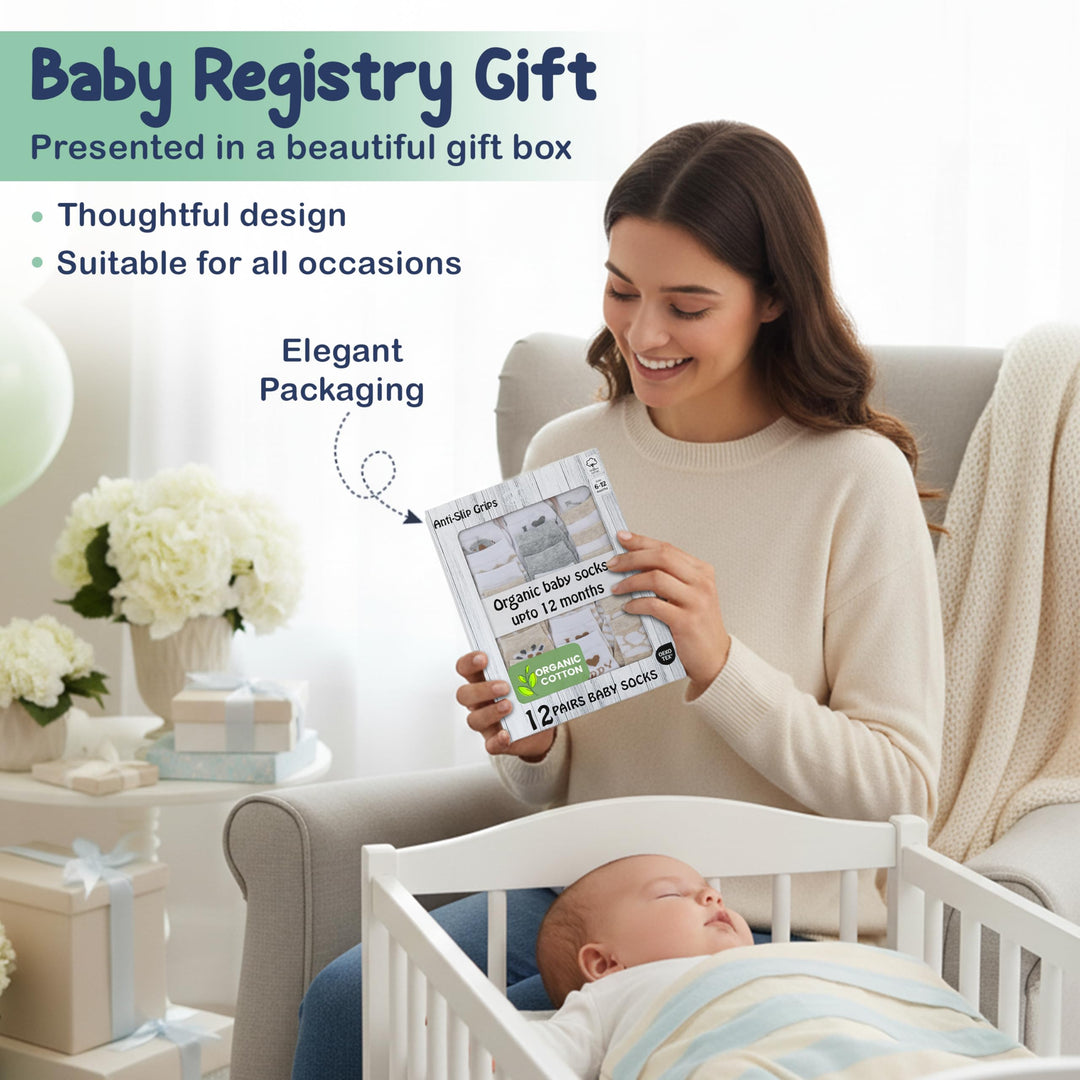 Mother's Choice Organic Cotton Baby Socks 6-12 Months, 12 Pairs Unisex Anti Slip - Soft & Hypoallergenic Baby Girl & Boys Socks (US, Age, 6 Months, 12 Months, Brown)