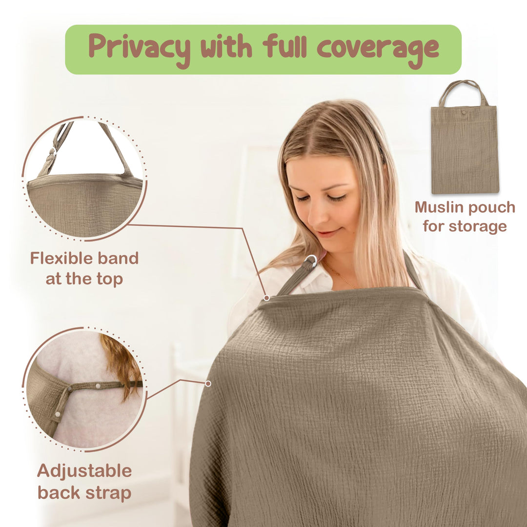 100% Organic Cotton Nursing Cover & Shawl - 43 x 28 Inch Breathable Muslin Breastfeeding Nursing Apron Cover with Arch Neckline for Mothers, Multi-use Carseat Canopy