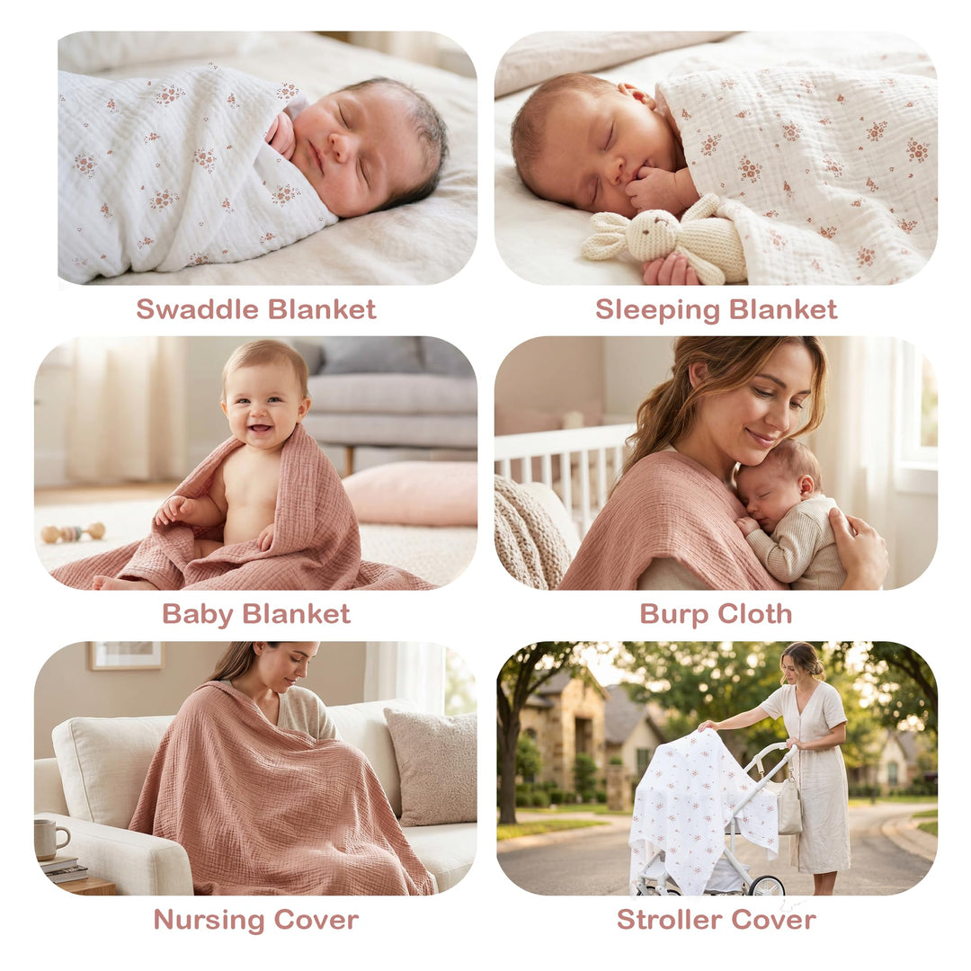 Organic Muslin Baby Blanket 2-Pack Rose & Peach, 47x47 Inch 100% Organic Cotton Oeko-TEX Certified Hypoallergenic Swaddle Blanket for Newborn Girls, Elegant Baby Girl Shower Gift