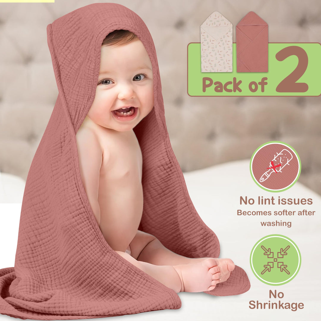 100% Organic Cotton Muslin Baby Hooded Towels 32x32 Inch – 2 Pack Soft & Absorbent Baby Towels for Newborn for Boys & Girls, Premium Hooded Towels, Ultra-Gentle Baby Essentials in Rose/Peach