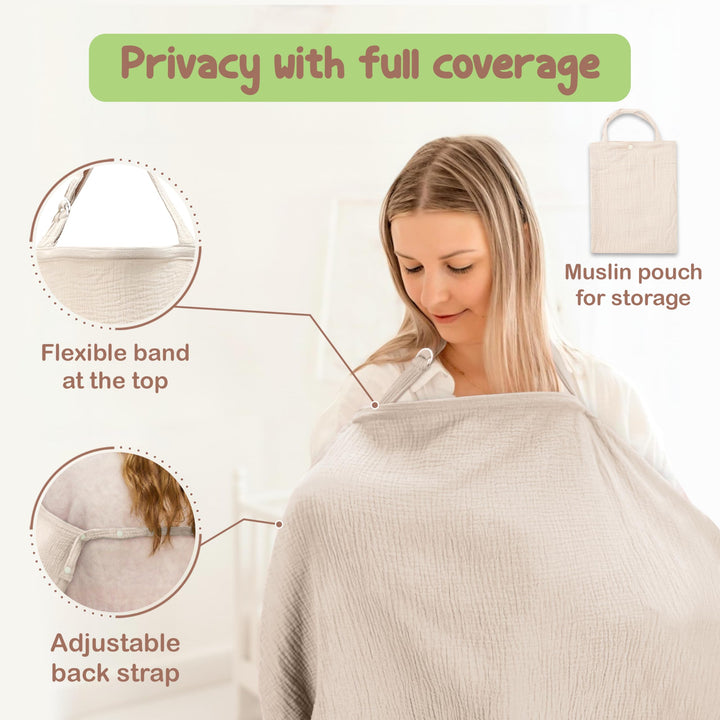 100% Organic Cotton Nursing Cover & Shawl - 43 x 28 Inch Breathable Muslin Breastfeeding Nursing Apron Cover with Arch Neckline for Mothers, Multi-use Carseat Canopy