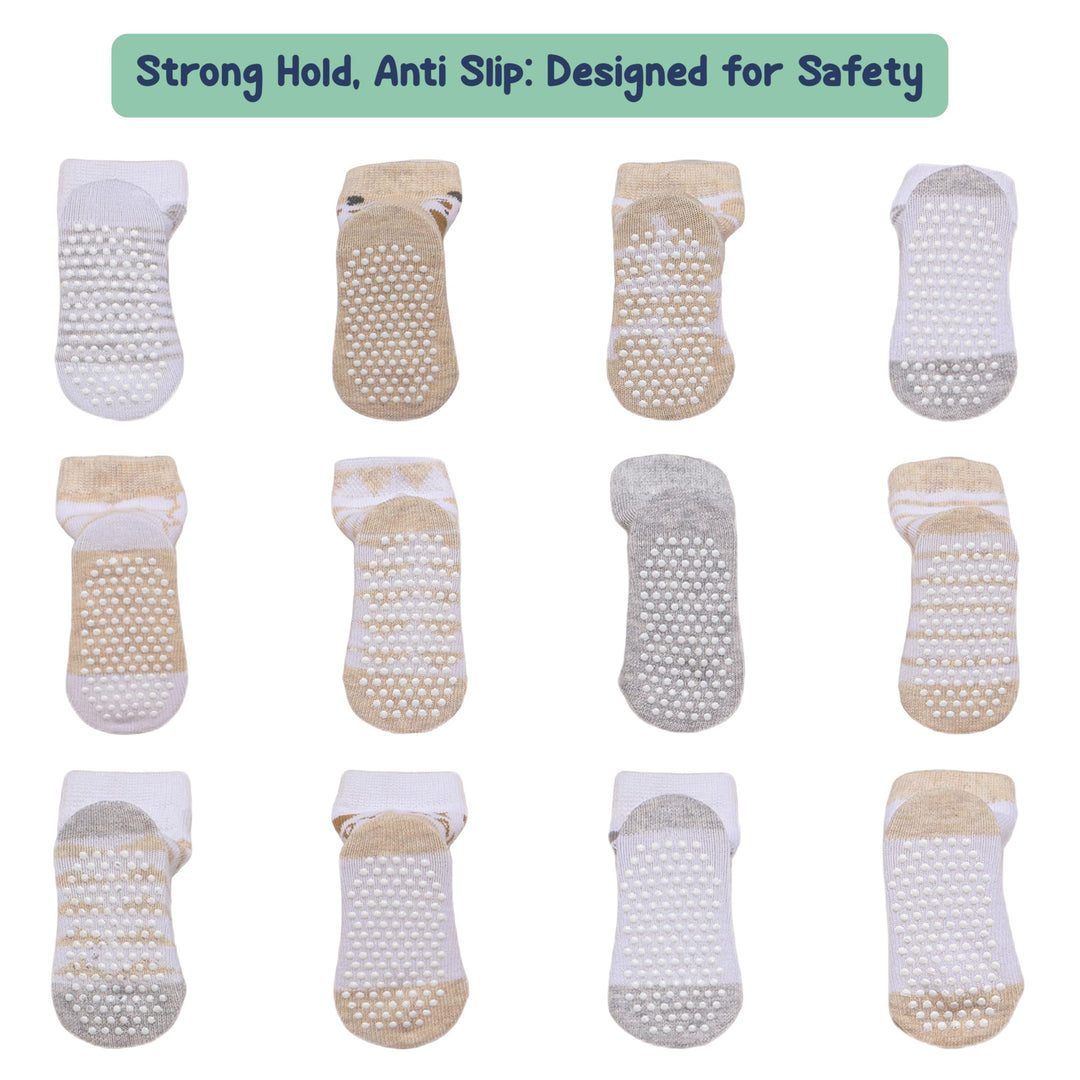 Mother's Choice Organic Cotton Baby Socks 6-12 Months, 12 Pairs Unisex Anti Slip - Soft & Hypoallergenic Baby Girl & Boys Socks (US, Age, 6 Months, 12 Months, Brown)