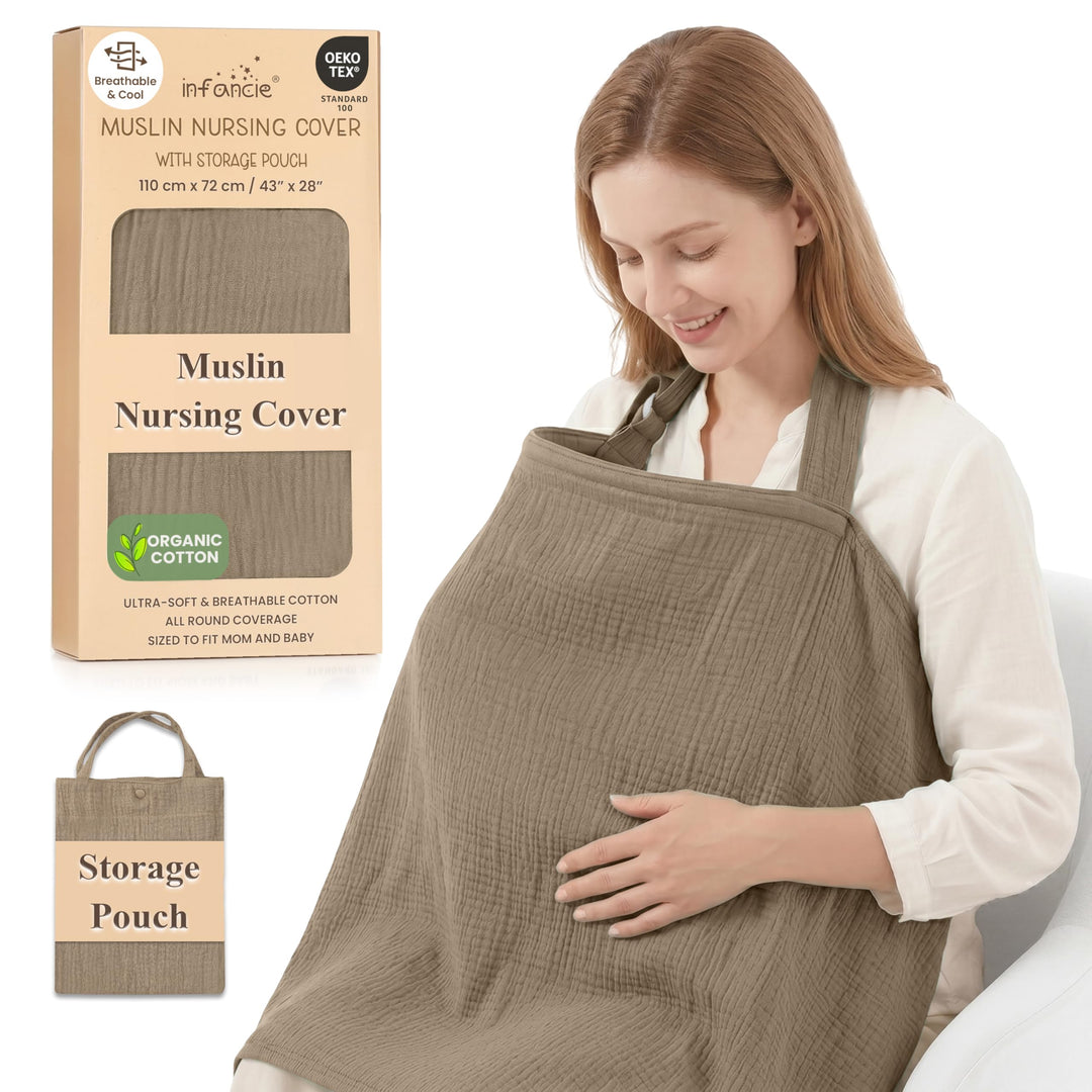100% Organic Cotton Nursing Cover & Shawl - 43 x 28 Inch Breathable Muslin Breastfeeding Nursing Apron Cover with Arch Neckline for Mothers, Multi-use Carseat Canopy