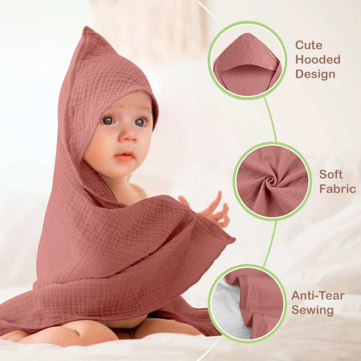 100% Organic Cotton Muslin Baby Hooded Towels 32x32 Inch – 2 Pack Soft & Absorbent Baby Towels for Newborn for Boys & Girls, Premium Hooded Towels, Ultra-Gentle Baby Essentials in Rose/Peach