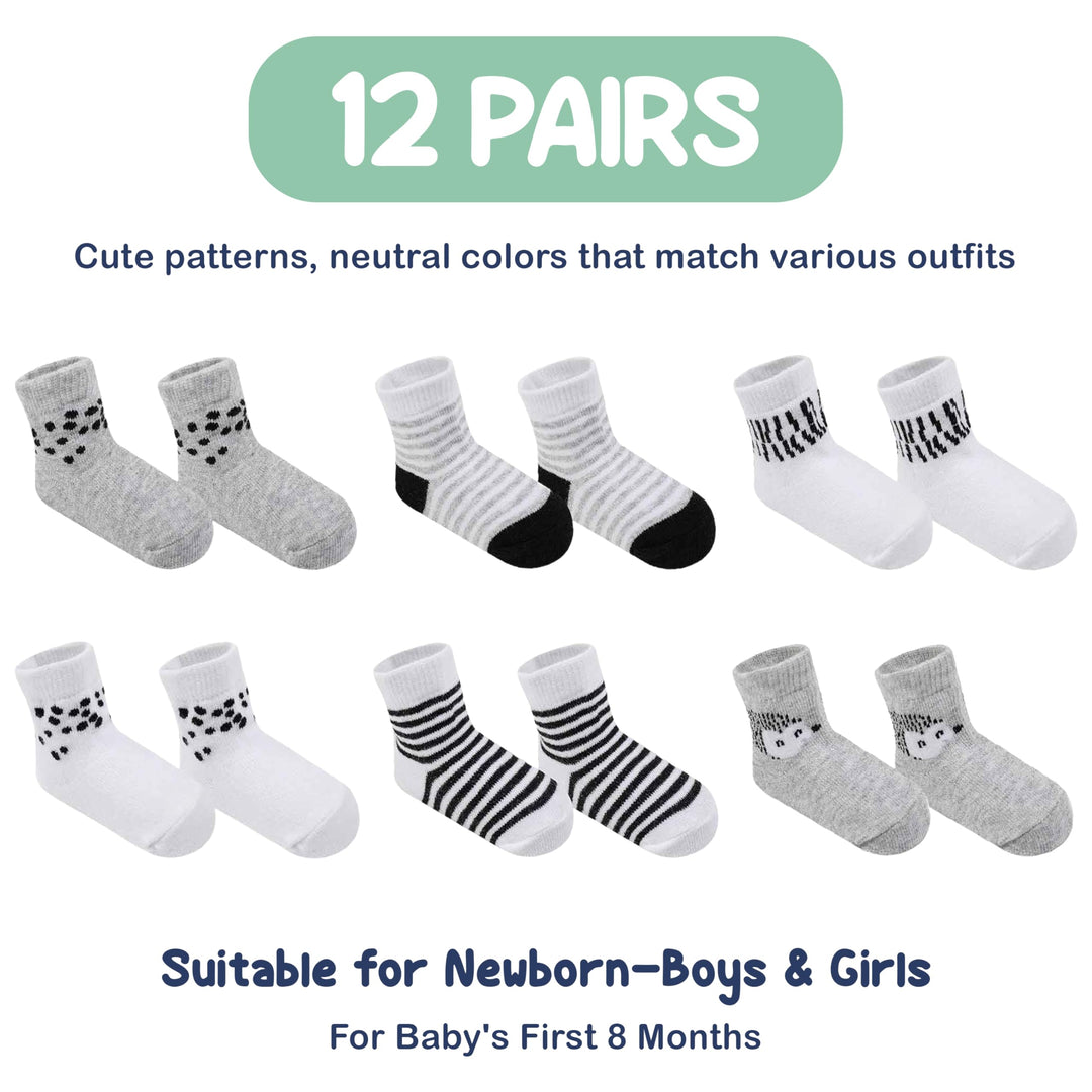 Mother's Choice Organic Cotton Baby Socks, 12 Pairs, Unisex 0-6 Months - Soft, Hypoallergenic Newborn & Infant Socks - Baby Girl & Boy Gifts, (12Pcs, Gray - White)