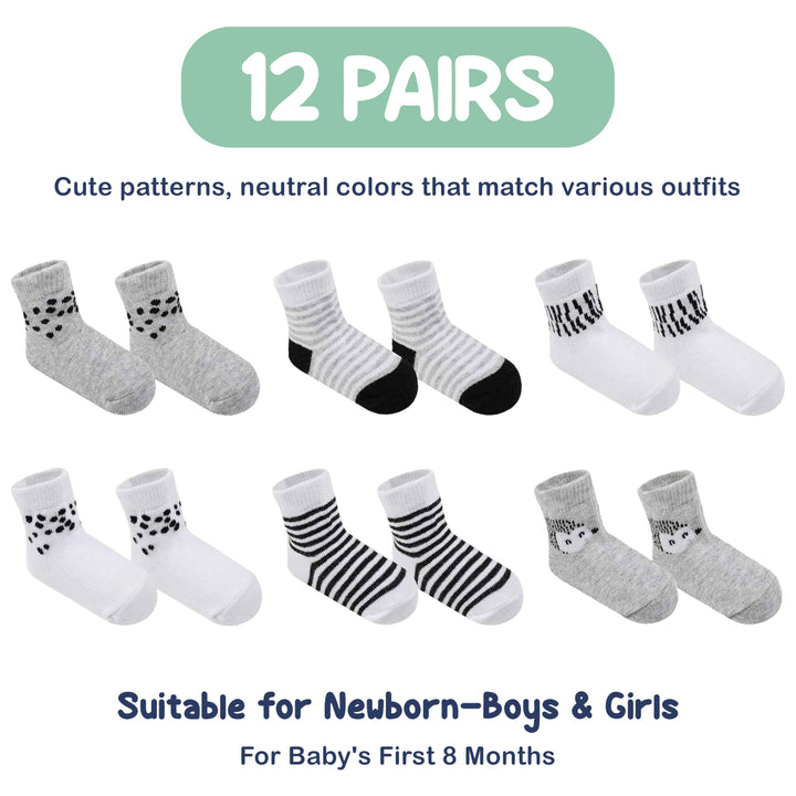 Mother's Choice Organic Cotton Baby Socks, 12 Pairs, Unisex 0-6 Months - Soft, Hypoallergenic Newborn & Infant Socks - Baby Girl & Boy Gifts, (12Pcs, Gray - White)