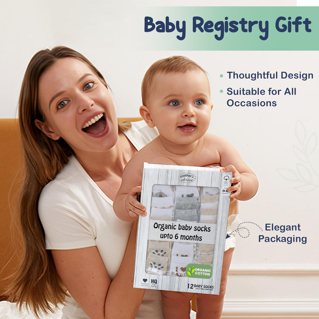 Mother's Choice Organic Cotton Baby Socks, 12 Pairs, Unisex 0-6 Months - Soft, Hypoallergenic Newborn & Infant Socks - Baby Girl & Boy Gifts