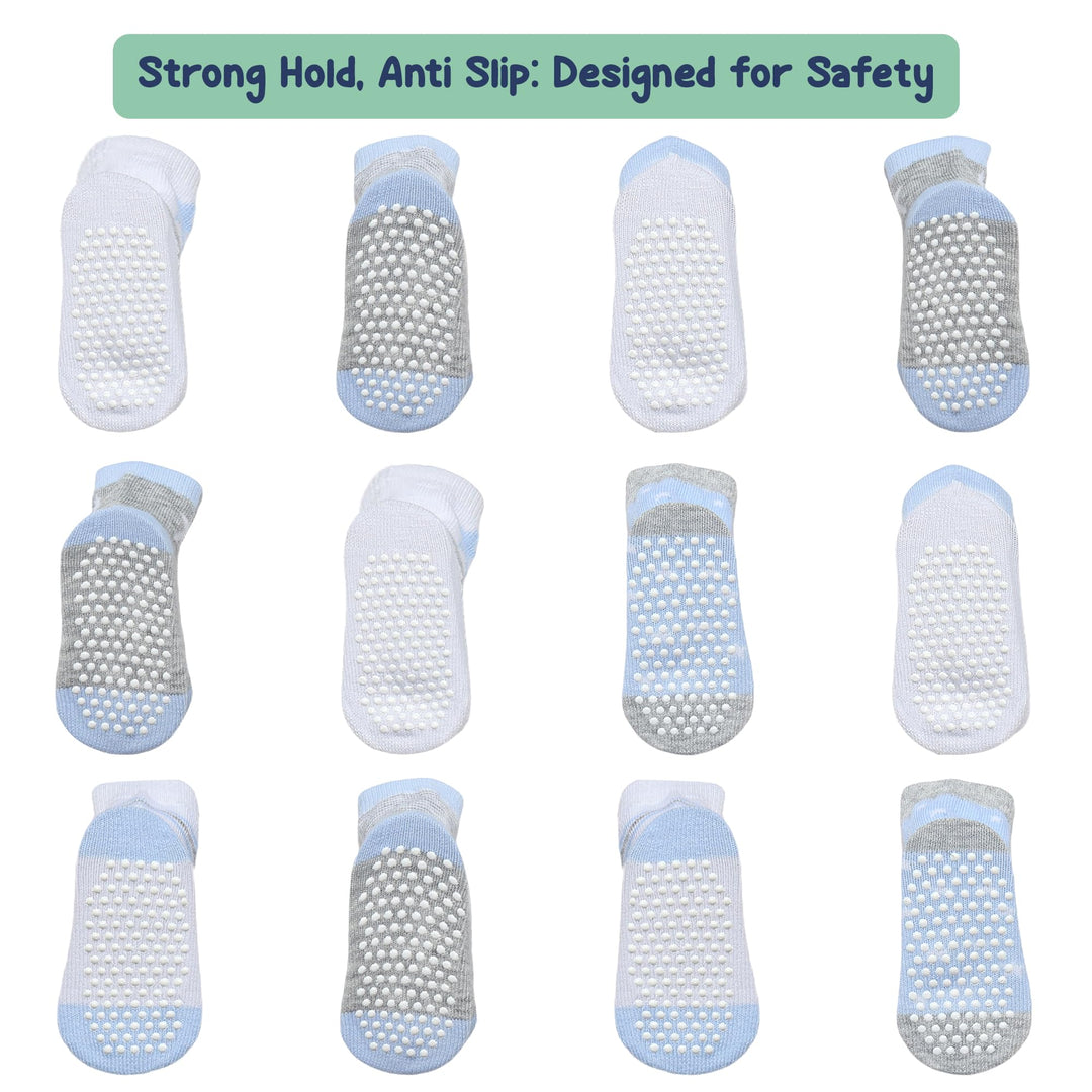 Mother's Choice Organic Cotton Baby Socks 6-12 Months, 12 Pairs Unisex Anti Slip - Soft & Hypoallergenic Baby Girl & Boys Socks (US, Age, 6 Months, 12 Months, Blue - Gray - White)