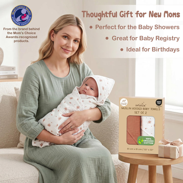 100% Organic Cotton Muslin Baby Hooded Towels 32x32 Inch – 2 Pack Soft & Absorbent Baby Towels for Newborn for Boys & Girls, Premium Hooded Towels, Ultra-Gentle Baby Essentials in Rose/Peach