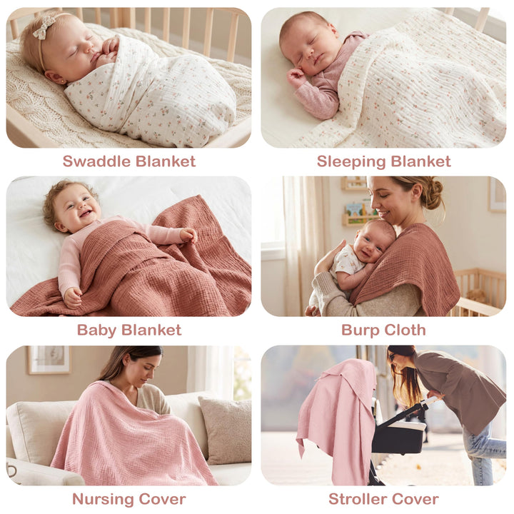 Organic Muslin Baby Blanket 2-Pack Rose & Peach, 47x47 Inch 100% Organic Cotton Oeko-TEX Certified Hypoallergenic Swaddle Blanket for Newborn Girls, Elegant Baby Girl Shower Gift