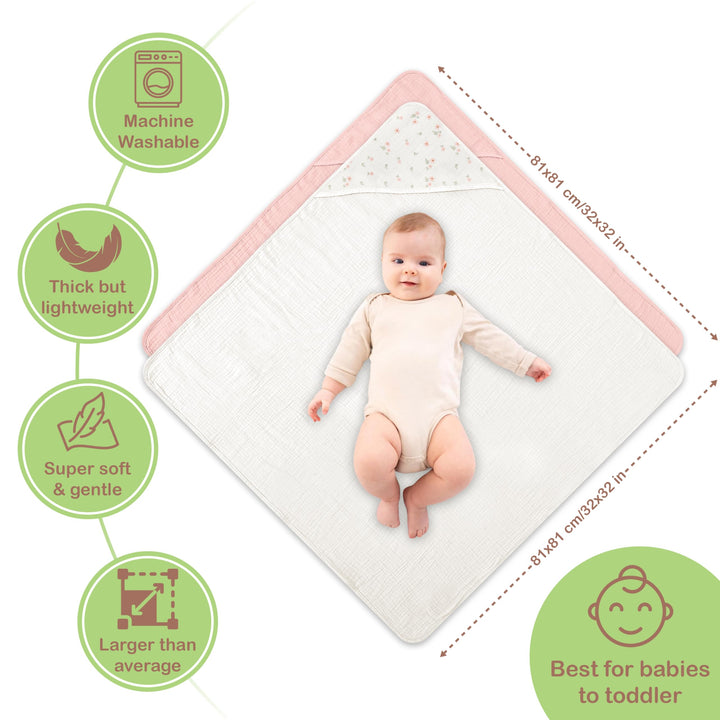100% Organic Cotton Muslin Baby Hooded Towels 32x32 Inch – 2 Pack Soft & Absorbent Baby Towels for Newborn for Boys & Girls, Premium Hooded Towels, Ultra-Gentle Baby Essentials in Rose/Peach