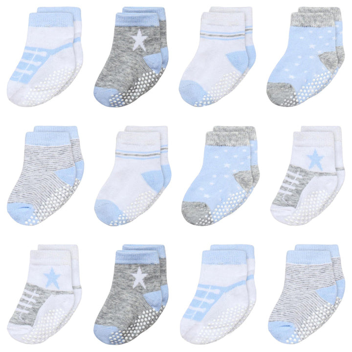 Mother's Choice Organic Cotton Baby Socks 6-12 Months, 12 Pairs Unisex Anti Slip - Soft & Hypoallergenic Baby Girl & Boys Socks (US, Age, 6 Months, 12 Months, Blue - Gray - White)