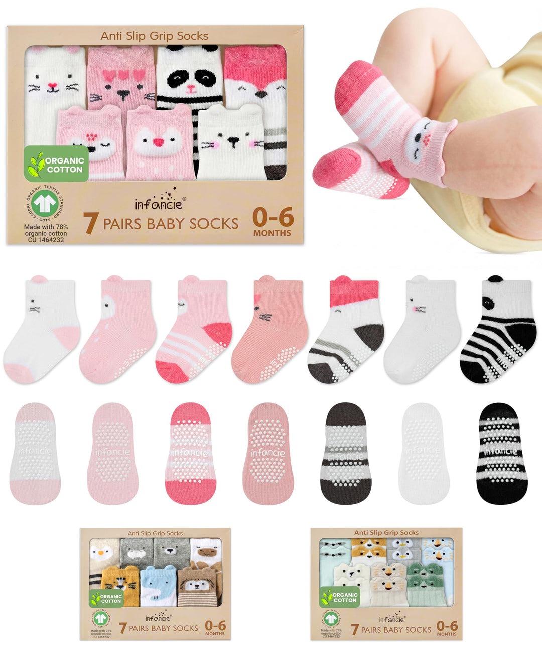 Organic Cotton GOTS Certified Non-Slip Baby Socks 0-6 Months - 7 Pairs Soft Breathable Newborn Socks Animal Design For Infant