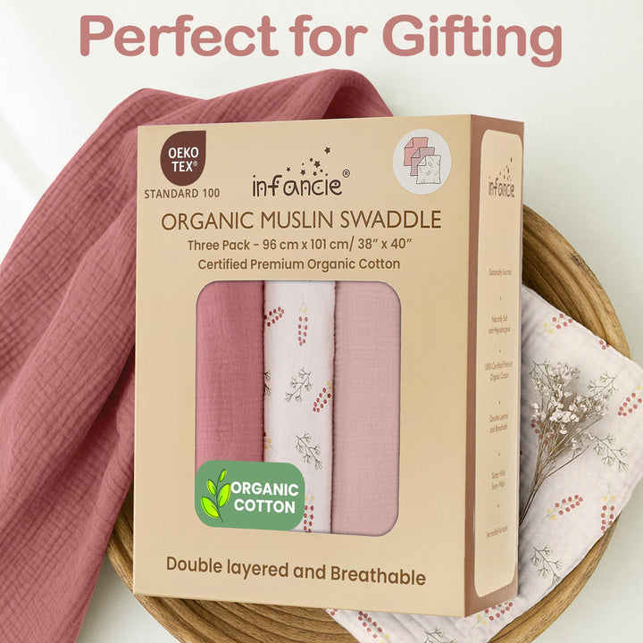 Organic Muslin Baby Blanket 2-Pack Rose & Peach, 47x47 Inch 100% Organic Cotton Oeko-TEX Certified Hypoallergenic Swaddle Blanket for Newborn Girls, Elegant Baby Girl Shower Gift