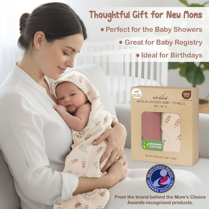 100% Organic Cotton Muslin Baby Hooded Towels 32x32 Inch – 2 Pack Soft & Absorbent Baby Towels for Newborn for Boys & Girls, Premium Hooded Towels, Ultra-Gentle Baby Essentials in Rose/Peach