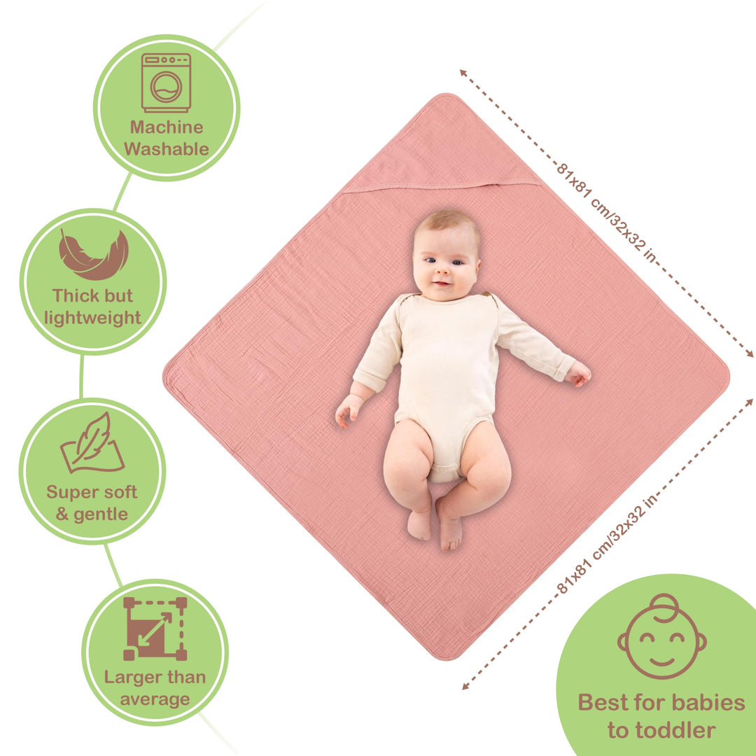 100% Organic Cotton Muslin Baby Hooded Towels 32x32 Inch – 2 Pack Soft & Absorbent Baby Towels for Newborn for Boys & Girls, Premium Hooded Towels, Ultra-Gentle Baby Essentials in Rose/Peach