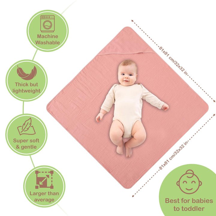 100% Organic Cotton Muslin Baby Hooded Towels 32x32 Inch – 2 Pack Soft & Absorbent Baby Towels for Newborn for Boys & Girls, Premium Hooded Towels, Ultra-Gentle Baby Essentials in Rose/Peach