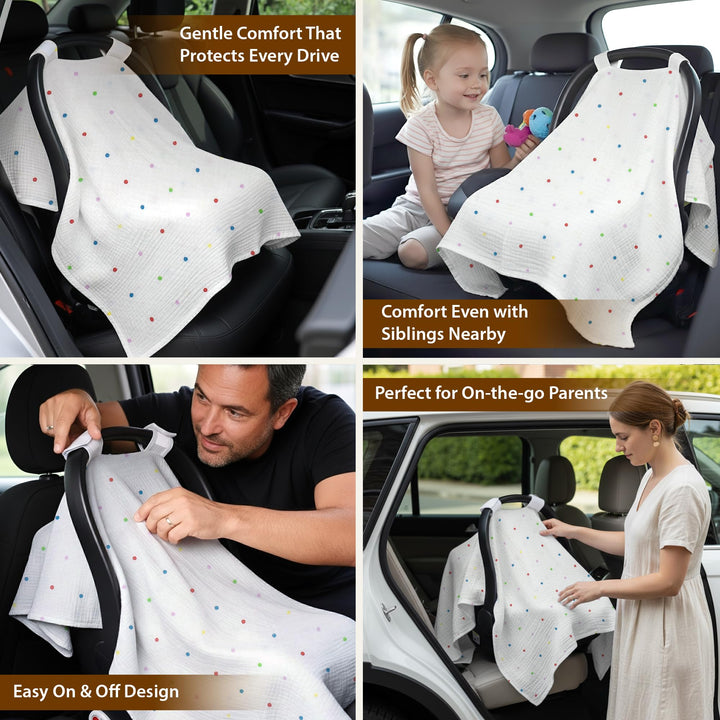 100% Organic Muslin Cotton Car Seat Cover 35 x 50 Inches Soft Touch Breathable Canopy, Protective Car Seat Cover Baby All Seasons Lightweight Car Seat Cover Travel Comfort (Ivory)