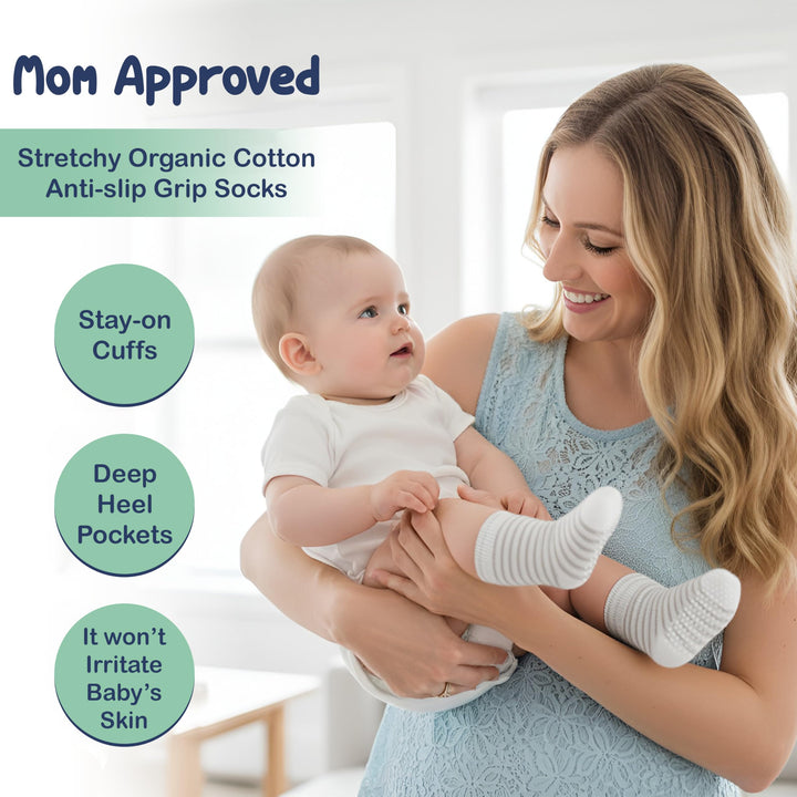 Mother's Choice Organic Cotton Baby Socks 6-12 Months, 12 Pairs Anti Slip Unisex - Soft & Hypoallergenic Baby Girl & Boys Socks (US, Age, 6 Months, 12 Months, Brown,Gray,White)