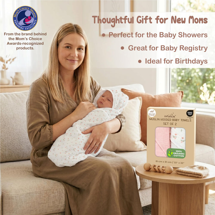 100% Organic Cotton Muslin Baby Hooded Towels 32x32 Inch – 2 Pack Soft & Absorbent Baby Towels for Newborn for Boys & Girls, Premium Hooded Towels, Ultra-Gentle Baby Essentials in Rose/Peach