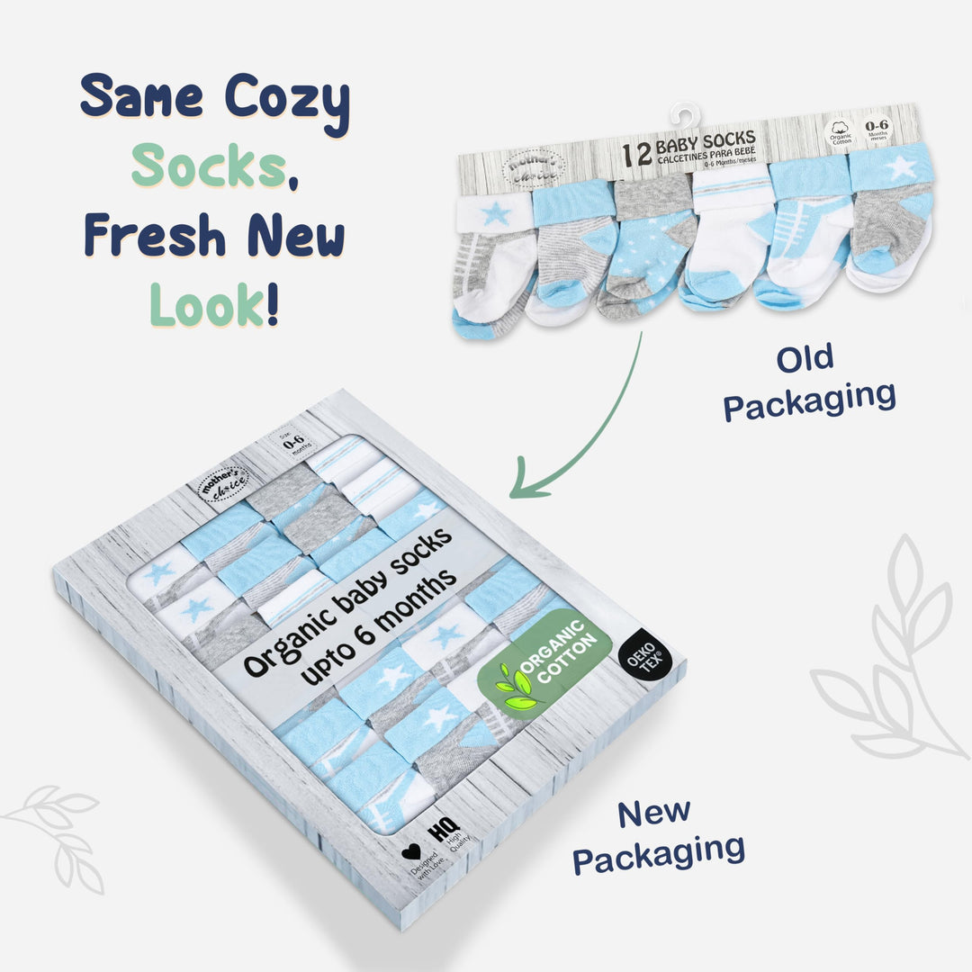 Mother's Choice Organic Cotton Baby Socks, 12 Pairs, Unisex 0-6 Months - Soft, Hypoallergenic Newborn & Infant Socks - Baby Girl & Boy Gifts, (12Pcs, Blue - Gray - White)