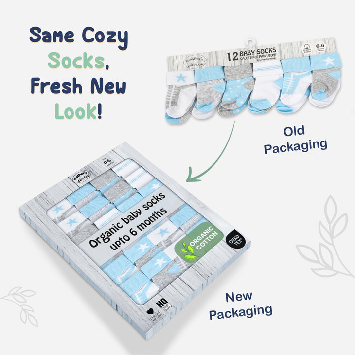 Mother's Choice Organic Cotton Baby Socks, 12 Pairs, Unisex 0-6 Months - Soft, Hypoallergenic Newborn & Infant Socks - Baby Girl & Boy Gifts, (12Pcs, Blue - Gray - White)