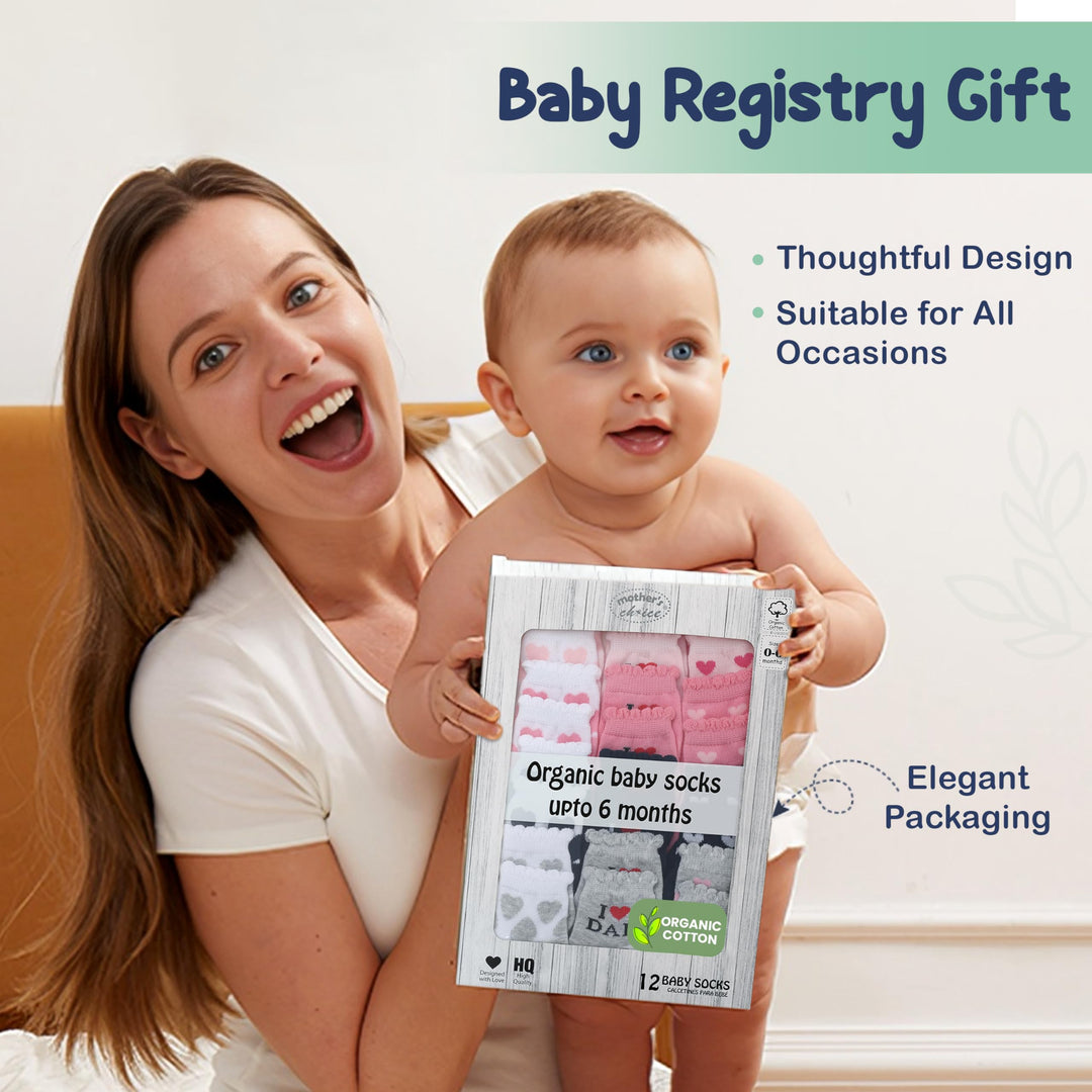 Mother's Choice Organic Cotton Baby Socks, 12 Pairs, Unisex 0-6 Months - Soft, Hypoallergenic Newborn & Infant Socks - Baby Girl & Boy Gifts