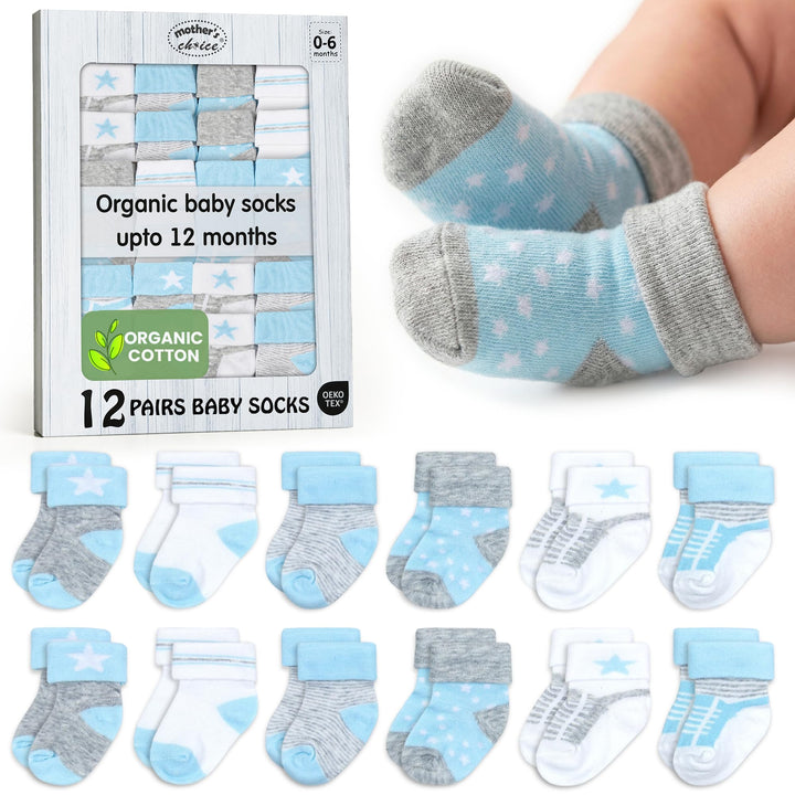 Mother's Choice Organic Cotton Baby Socks Infant 0-6 Months - 12 pairs Soft, Cozy, and Gentle Newborn Socks for Girls & Boys, Perfect Baby Registry for Everyday Wear, and Infant Comfort