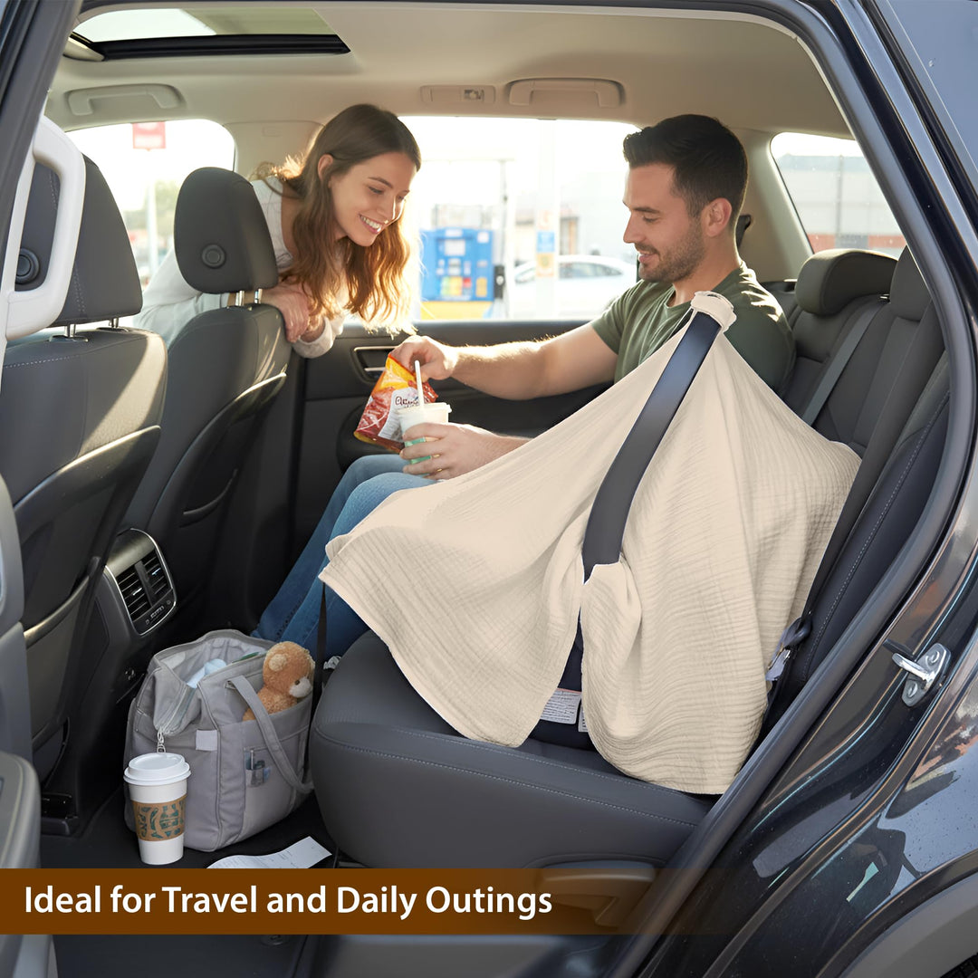 100% Organic Muslin Cotton Car Seat Cover 35 x 50 Inches Soft Touch Breathable Canopy, Protective Car Seat Cover Baby All Seasons Lightweight Car Seat Cover Travel Comfort (Ivory)