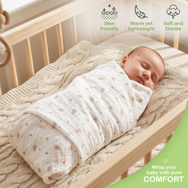 Organic Muslin Baby Blanket 2-Pack Rose & Peach, 47x47 Inch 100% Organic Cotton Oeko-TEX Certified Hypoallergenic Swaddle Blanket for Newborn Girls, Elegant Baby Girl Shower Gift