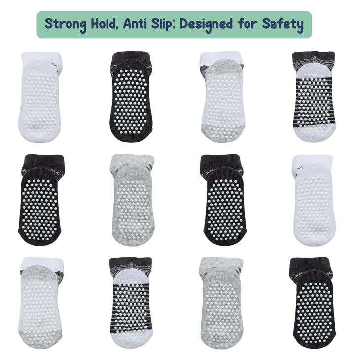 Mother's Choice Organic Cotton Baby Socks 6-12 Months, 12 Pairs Unisex Anti Slip - Soft & Hypoallergenic Baby Girl & Boys Socks (US, Age, 6 Months, 12 Months, Black - White - Gray 12 Pair)