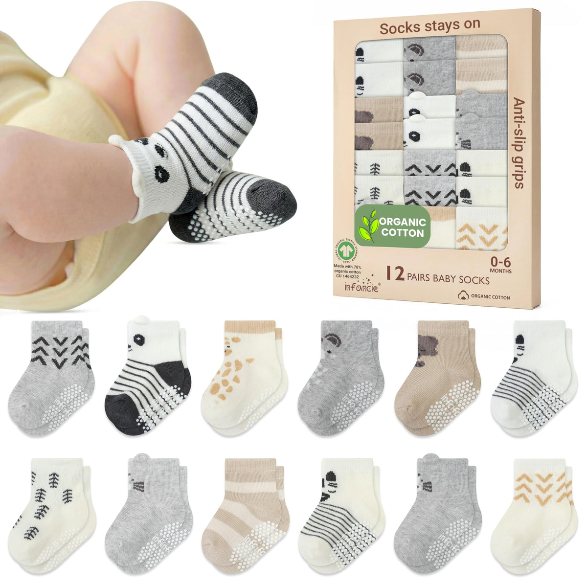 GOTS Certified Organic Cotton Rich Blend Baby Socks - 12 Pairs (6-12 Months)